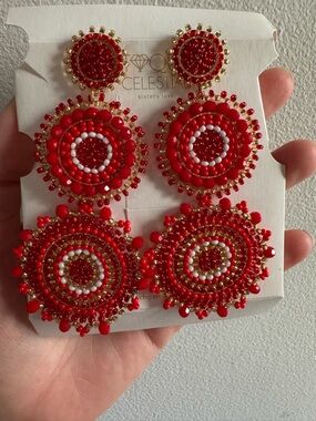 Celestial Red Beaded Drop Earrings - Handcrafted Statement Jewelry